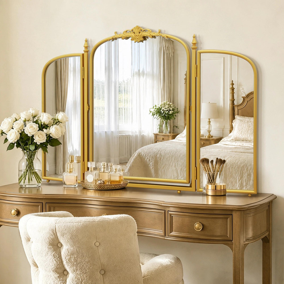 Besdomus Vintage Arched Gold Mirror: 40"x29" Large Brass Antique Decorative