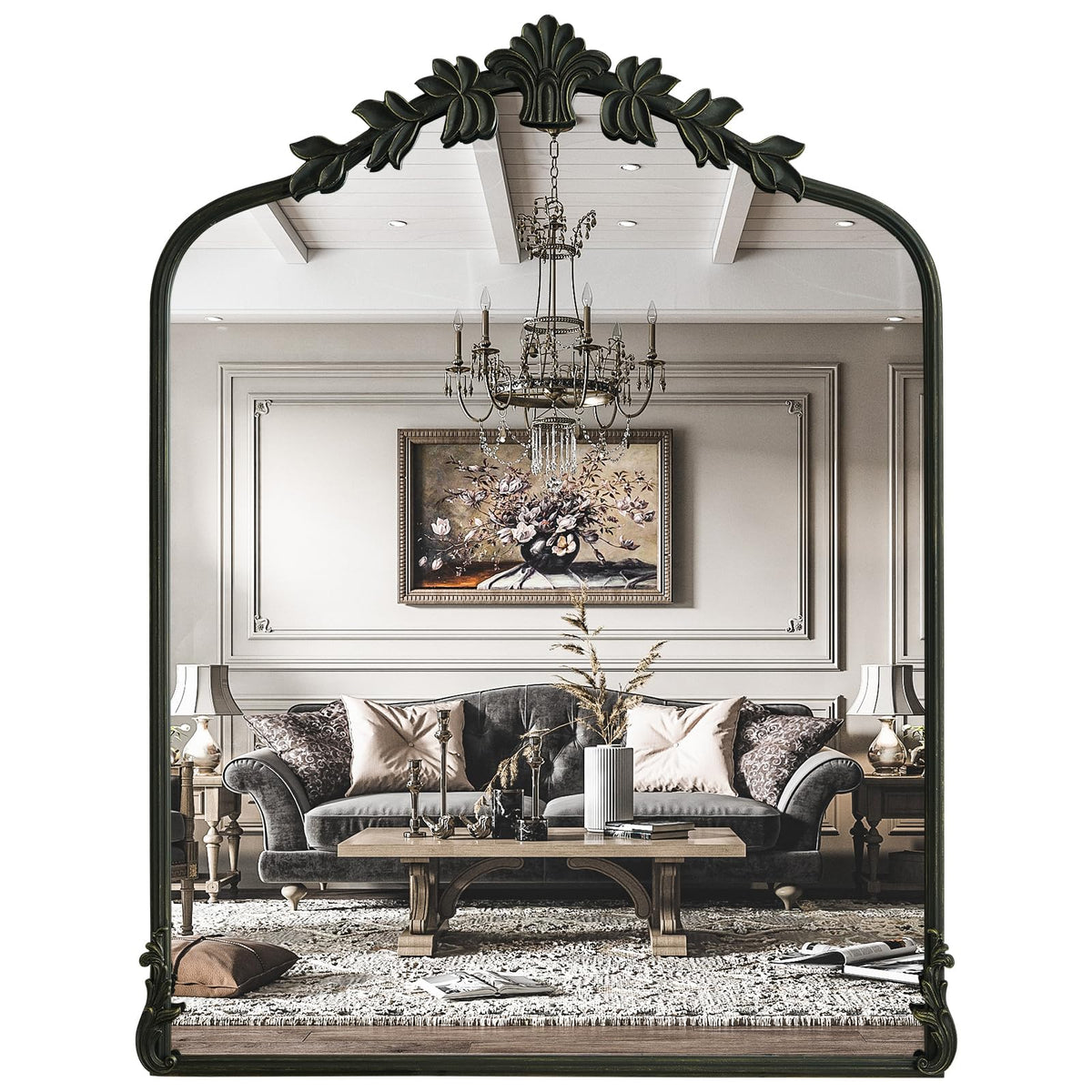 WallBeyond Gold Vintage Mirror for Vanity 32x24 Inch, Gold Antique Mirror with Ornate Frame, Arched Vintage Wall for Bathroom, Living Room, Fireplace, Entryway