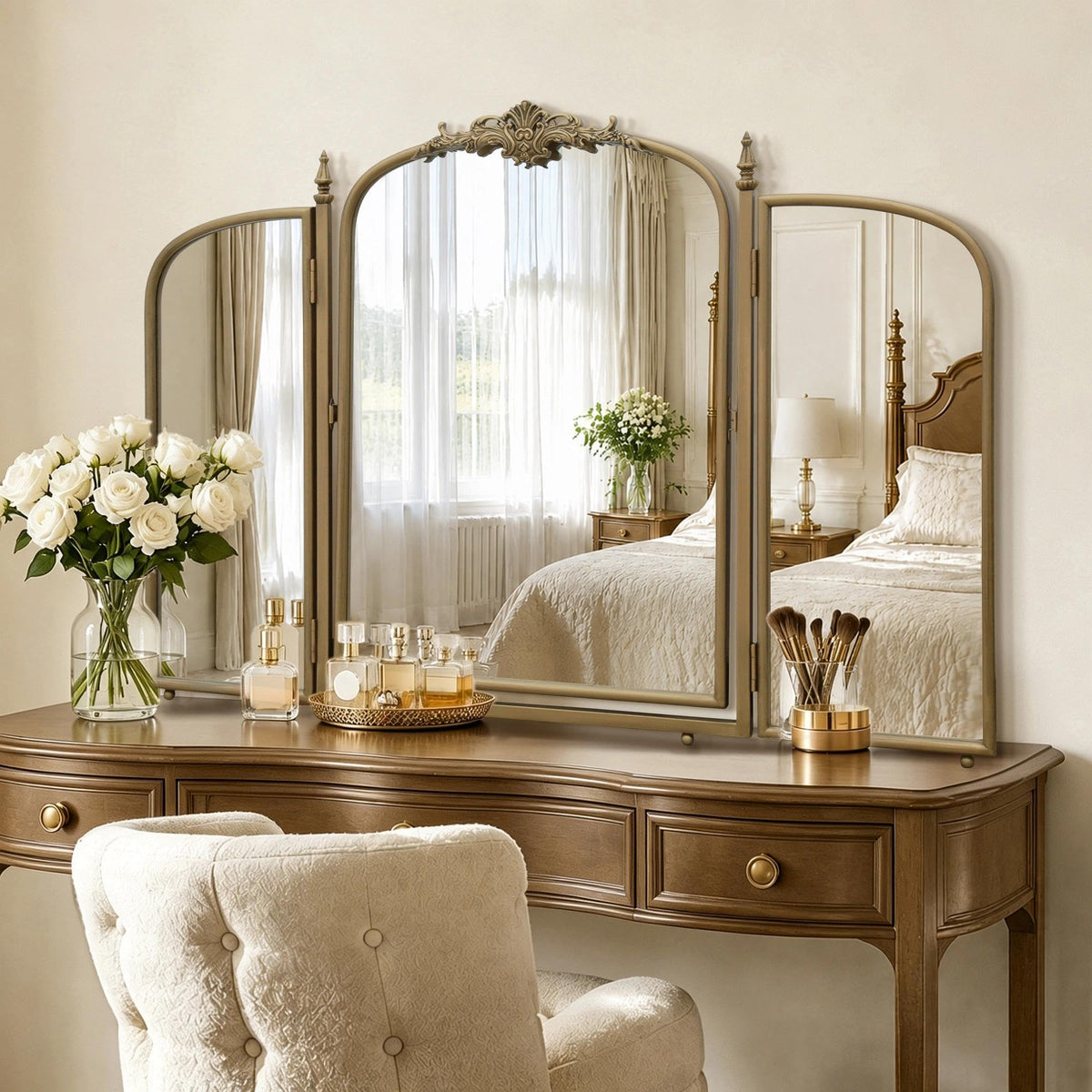 Besdomus Vintage Arched Gold Mirror: 40"x29" Large Brass Antique Decorative