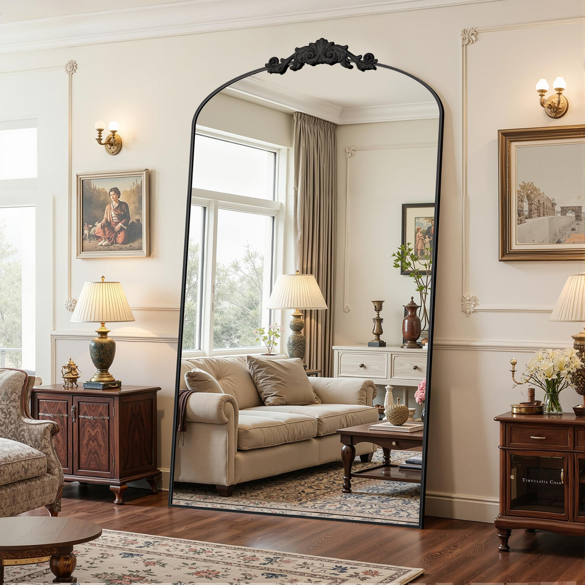 Antok Arched Full Length Mirror, 71"x28" Floor Mirror with Carved, Bronze