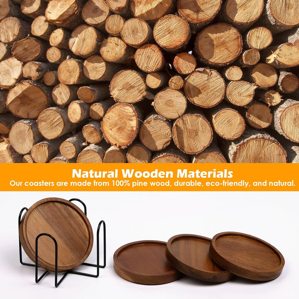 4 Pcs Acacia Coasters for Drinks Absorbent, Wood Coasters with Holder, Drink Coasters for Coffee Table, Absorbent Coaster Set for Table Protection Drink Coasters for Farmhouse, Office, Bar