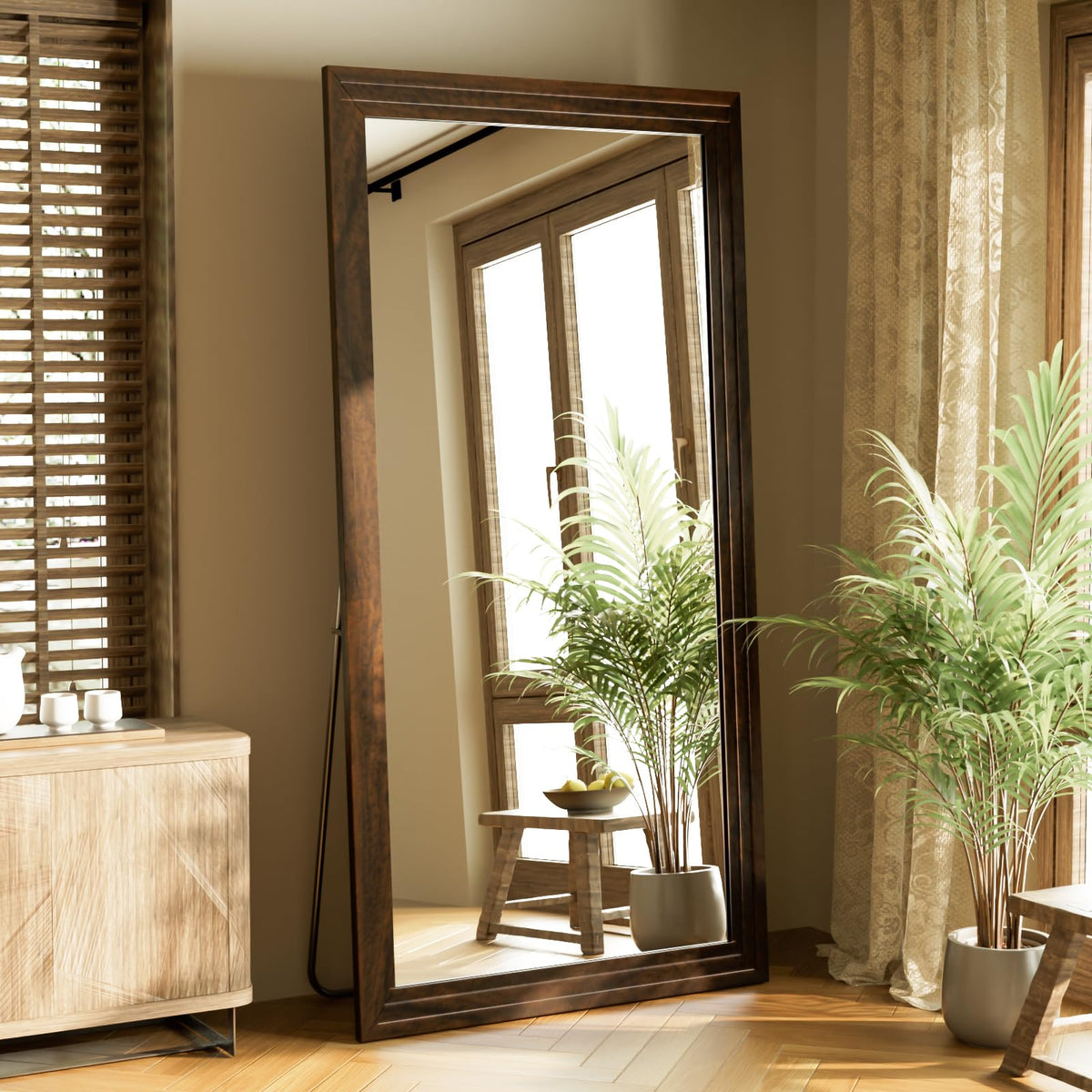 Full Length Mirror 65"X22", Walnut Large Floor Mirror with Solid Wood Frame