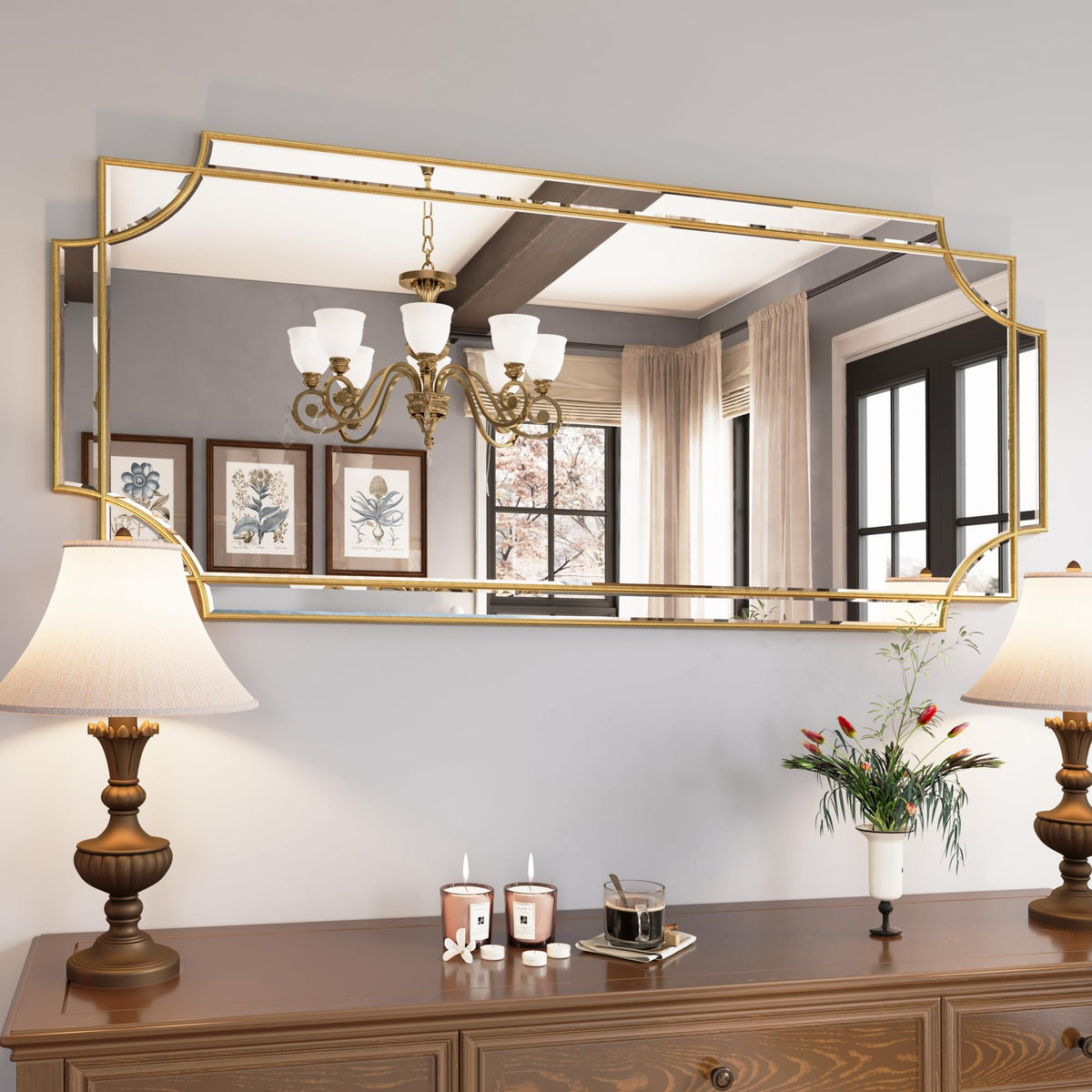 Kelly Miller 24"x48" Gold Foil Scalloped Edge Decorative Vanity Wall Mirror