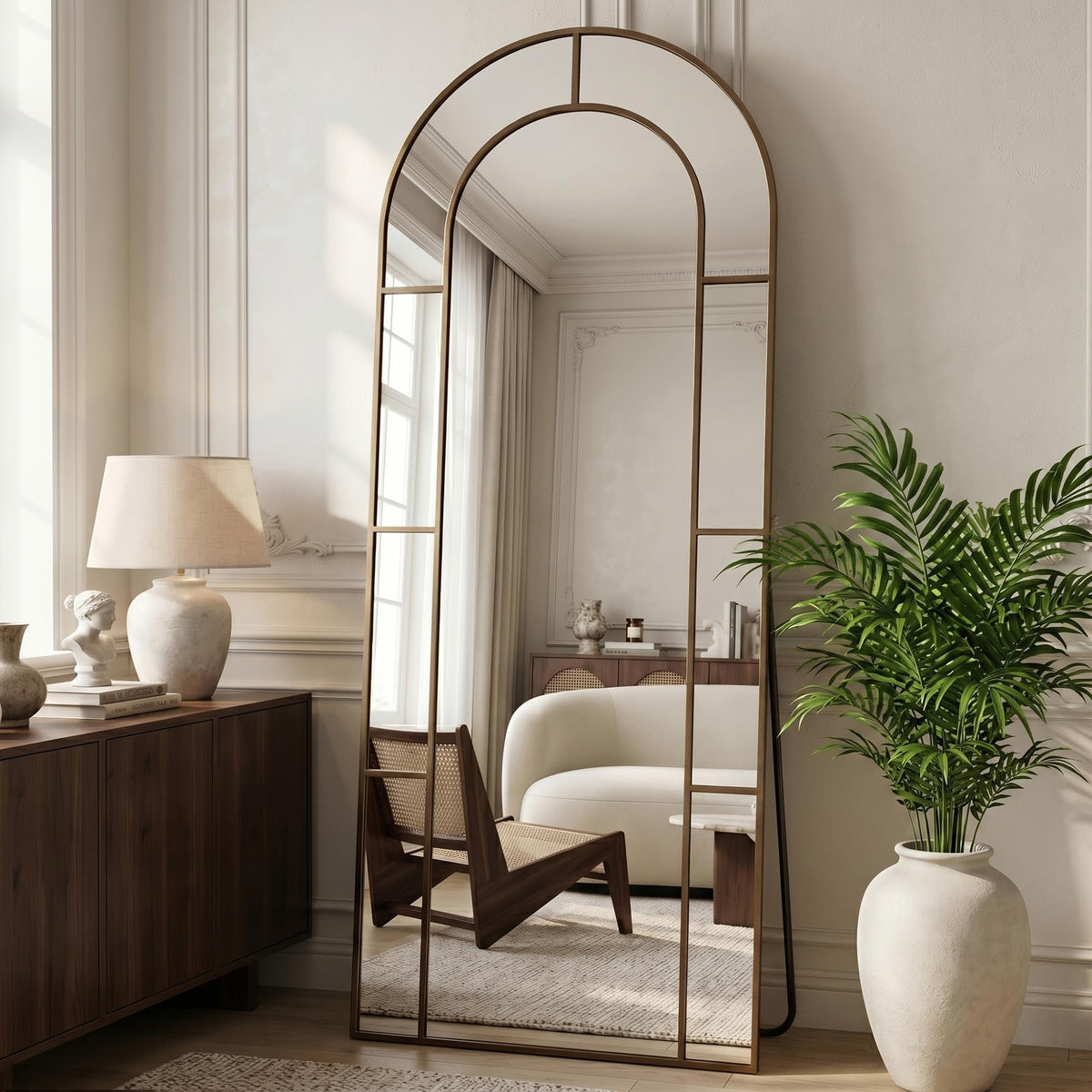 76" x 34" Arched Full Length Floor Mirror, Farmhouse Window Pane Mirror with Metal Frame, Decorative Leaning or Wall Mounted Mirror for Bedroom, Living Room, Entryway, Black