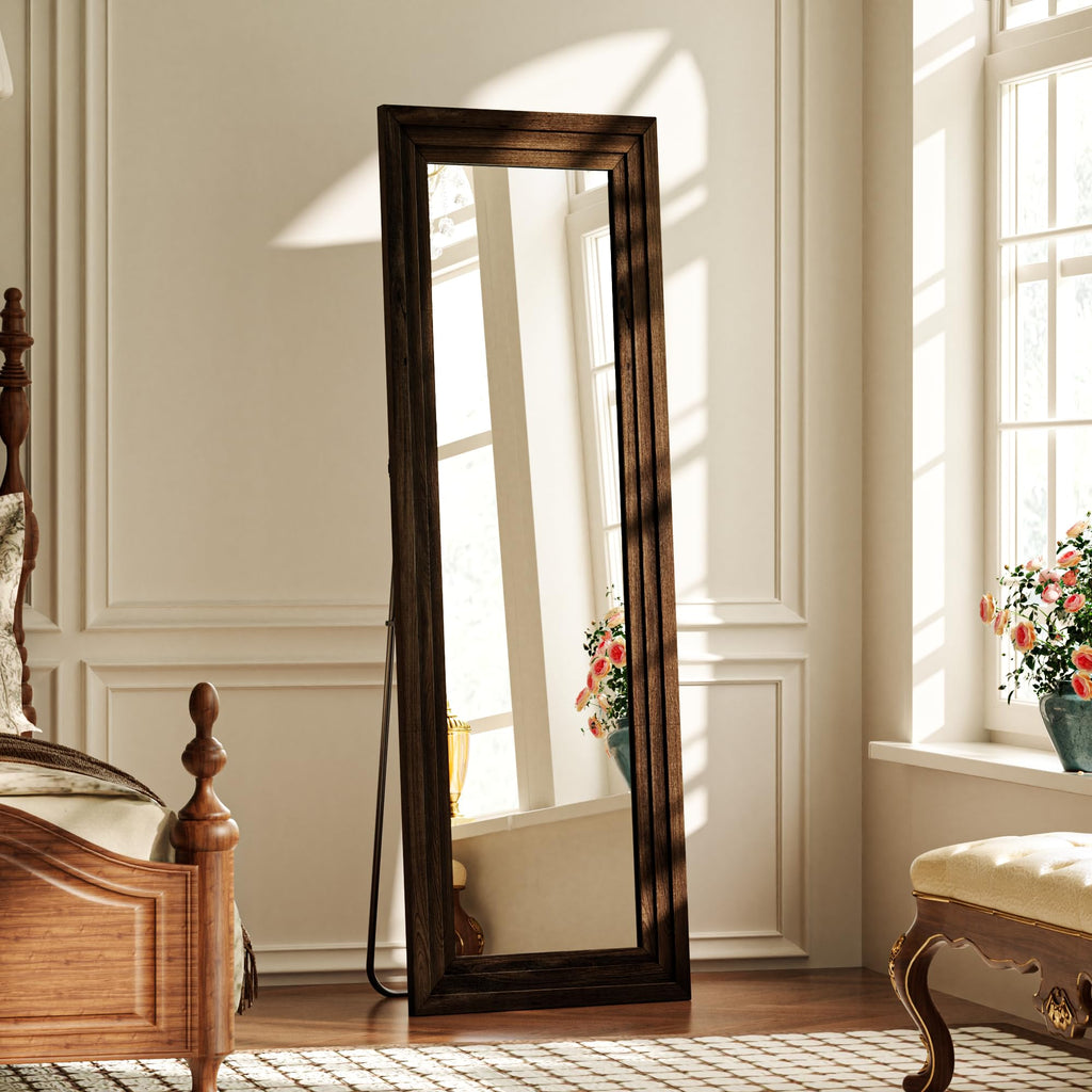Full Length Mirror with Solid Wood Frame, 65"x22" Floor Mirror, Walnut