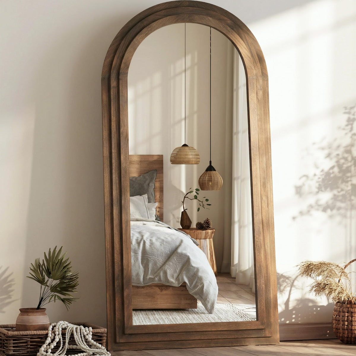 PERFNIQUE Wood Arched Full Length Mirror with Stand, 71x32 Floor Mirror