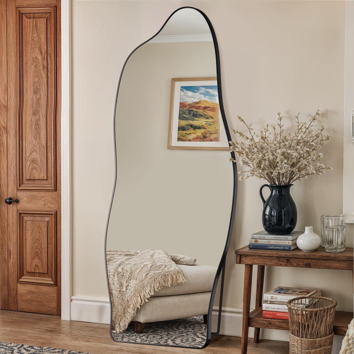 Antok Irregular Full Length Mirror, 76"x36" Asymmetrical Floor Mirror with Stand, Standing Hanging Leaning Irregular Mirrors for Bedroom Living Room Entryway, Wavy Shaped, Black