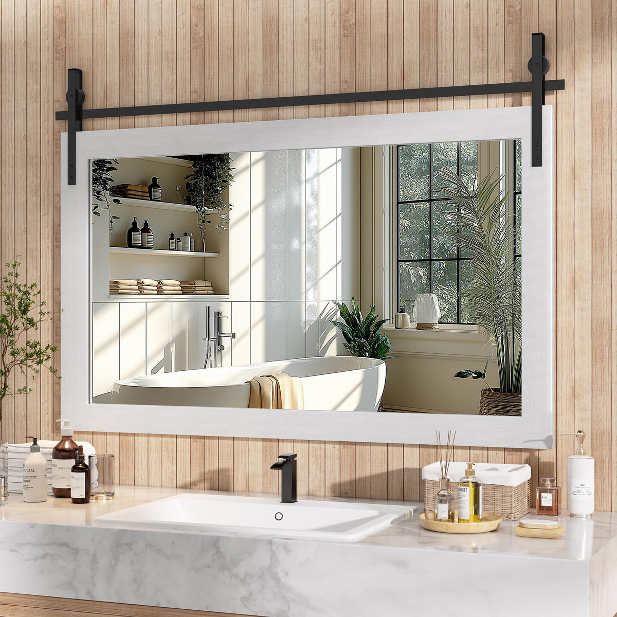 Hasipu Farmhouse Bathroom Mirror, 40"x26" Rustic Wood Framed Wall Mounted Mirror, Black Vintage Vanity Mirror Barn Door Style Decrative Mirrors