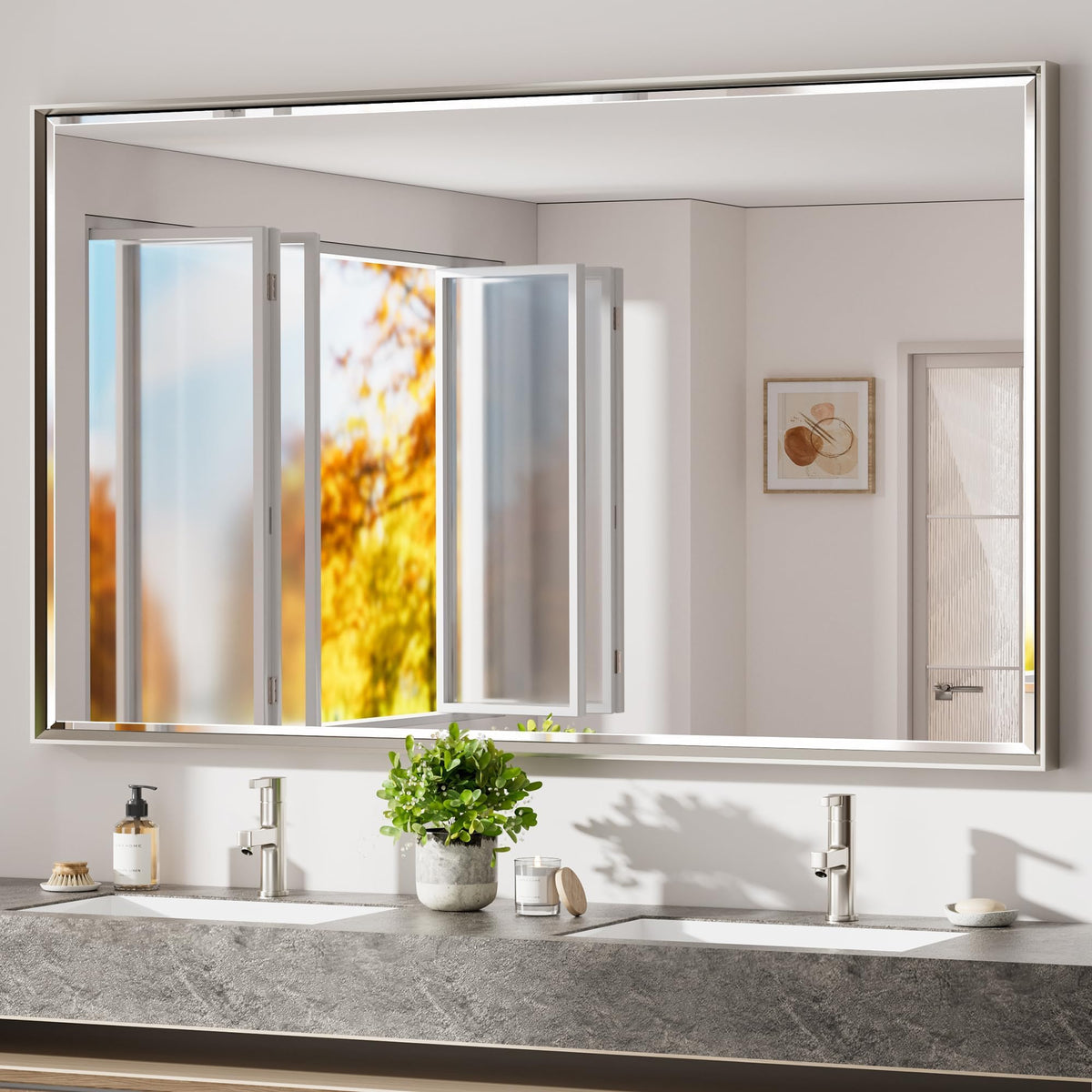 Brushed Nickel Bathroom Mirror, 24x32 Inch Beveled Framed Bathroom Mirror Anti-Rust, Brushed Nickel Metal Frame Bathroom Vanity Mirror for Wall, Vertical/Horizontal Wall-Mounted Mirrors