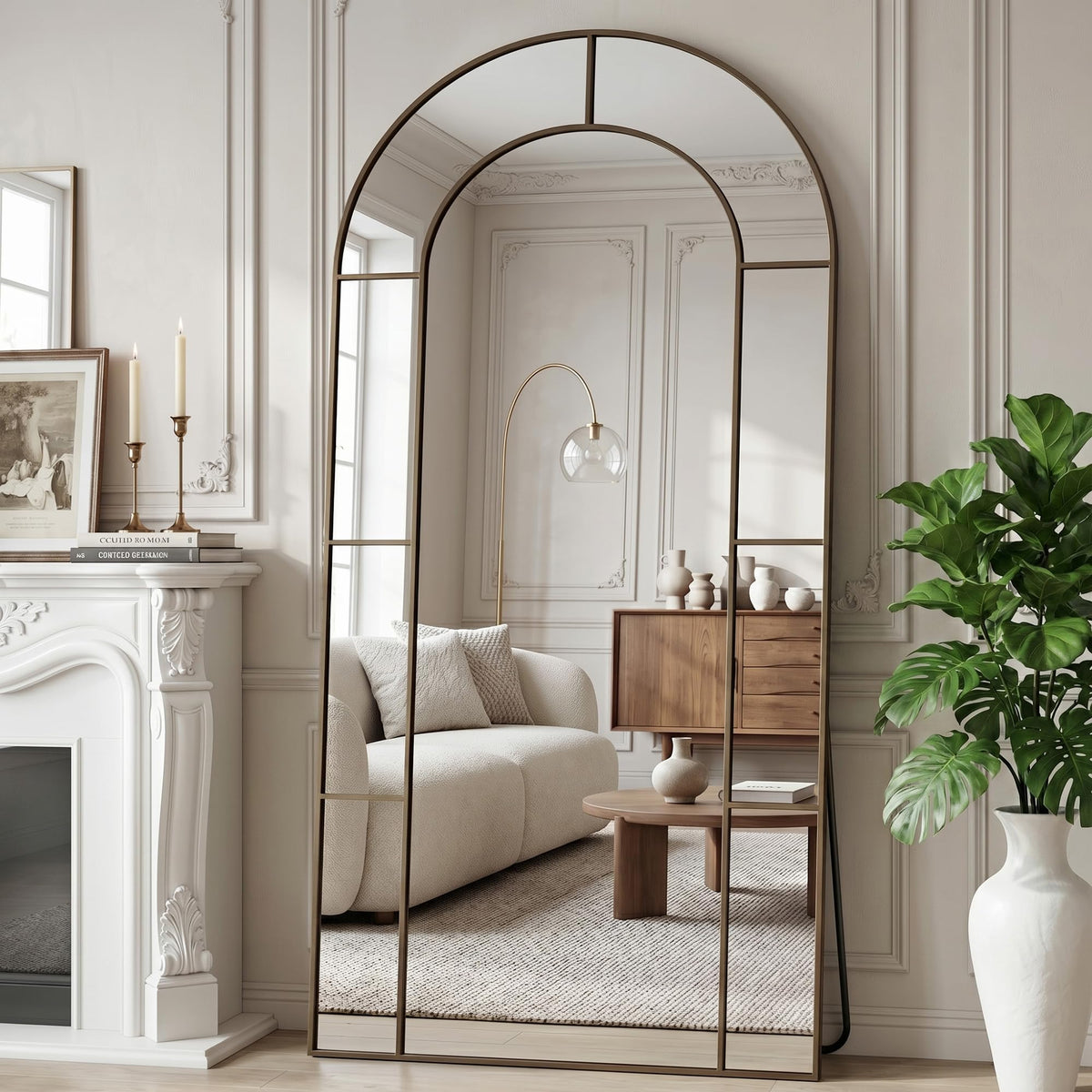 76" x 34" Arched Full Length Floor Mirror, Farmhouse Window Pane Mirror with Metal Frame, Decorative Leaning or Wall Mounted Mirror for Bedroom, Living Room, Entryway, Black