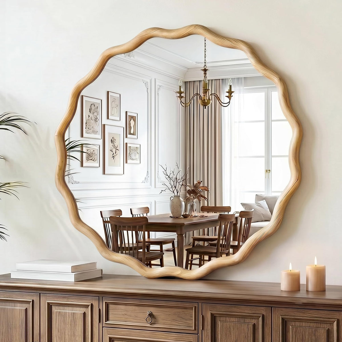 FICTOR Round Wood Wall Mirror, 36" Boho Wavy Circle Mirror