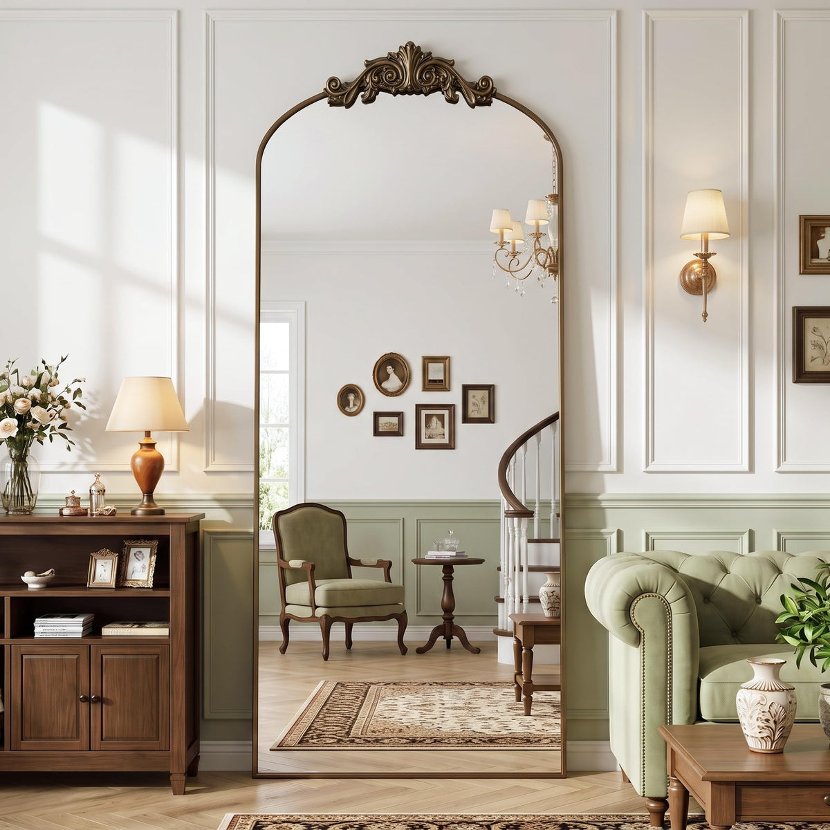 Antok Arched Full Length Mirror, 71"x28" Floor Mirror with Carved, Bronze