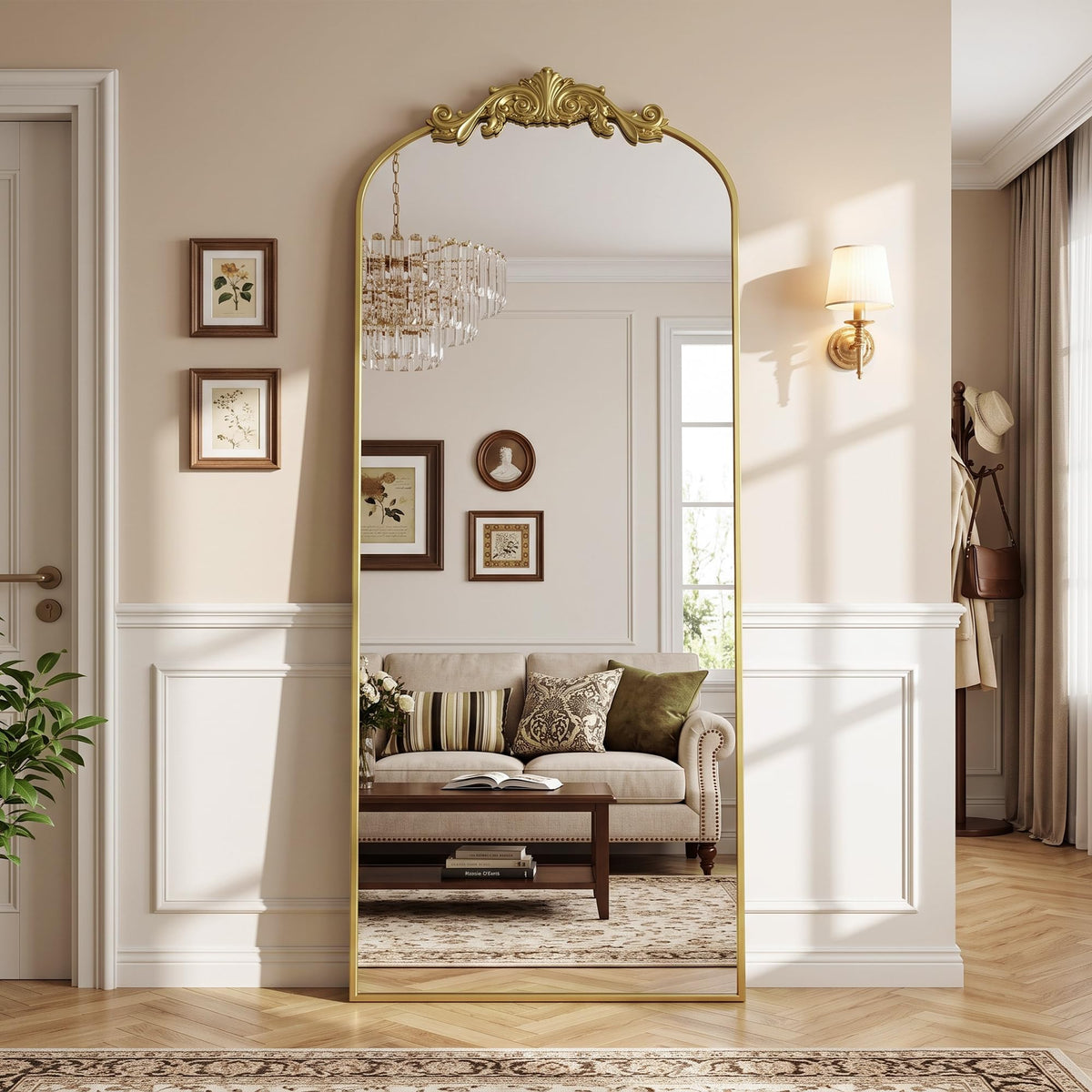 Antok Arched Full Length Mirror, 71"x28" Floor Mirror with Carved, Bronze