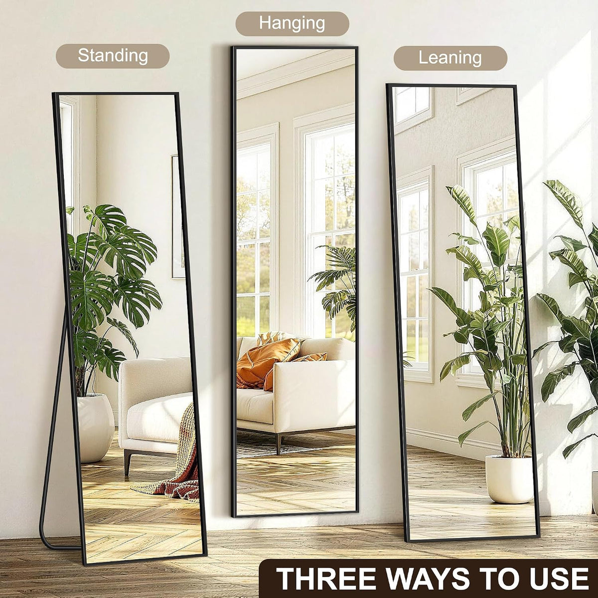 FICTOR Full Length Mirror with Stand, Floor Standing Mirror, 56"x15", Black