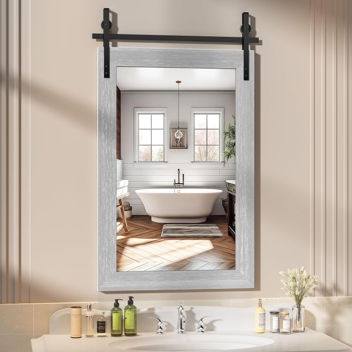 Hasipu Farmhouse Bathroom Mirror, 40"x26" Rustic Wood Framed Wall Mounted Mirror, Black Vintage Vanity Mirror Barn Door Style Decrative Mirrors