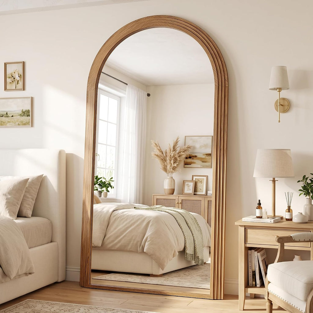 82"x44" Arched Full Length Mirror with Wide Wood Frame,Natural Wood