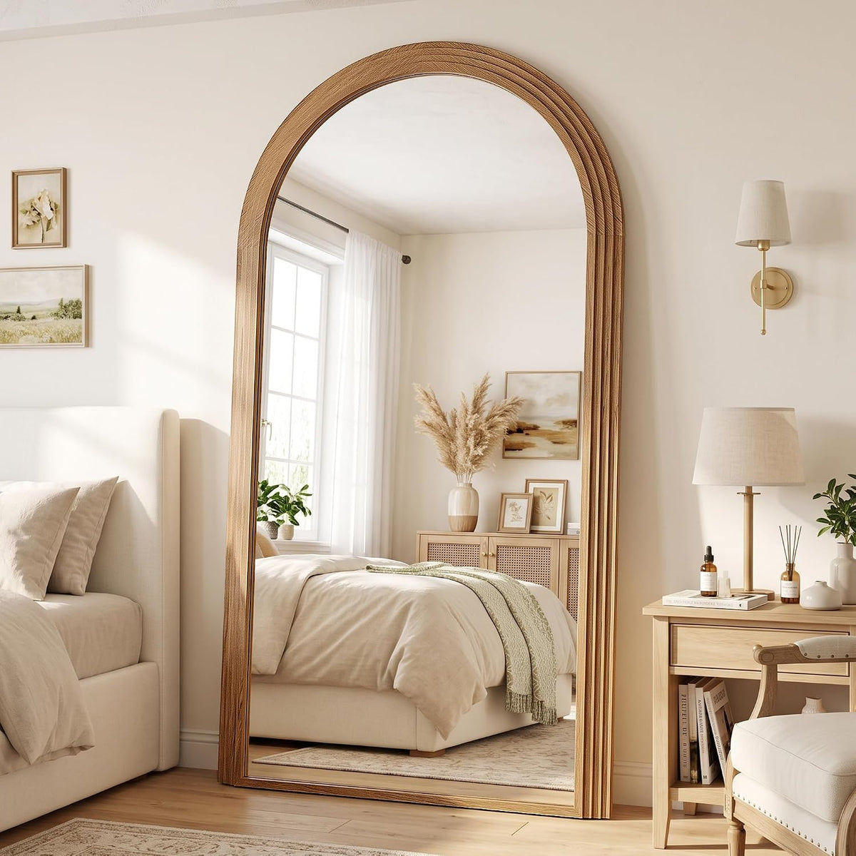 82"x44" Arched Full Length Mirror with Wide Wood Frame,Natural Wood