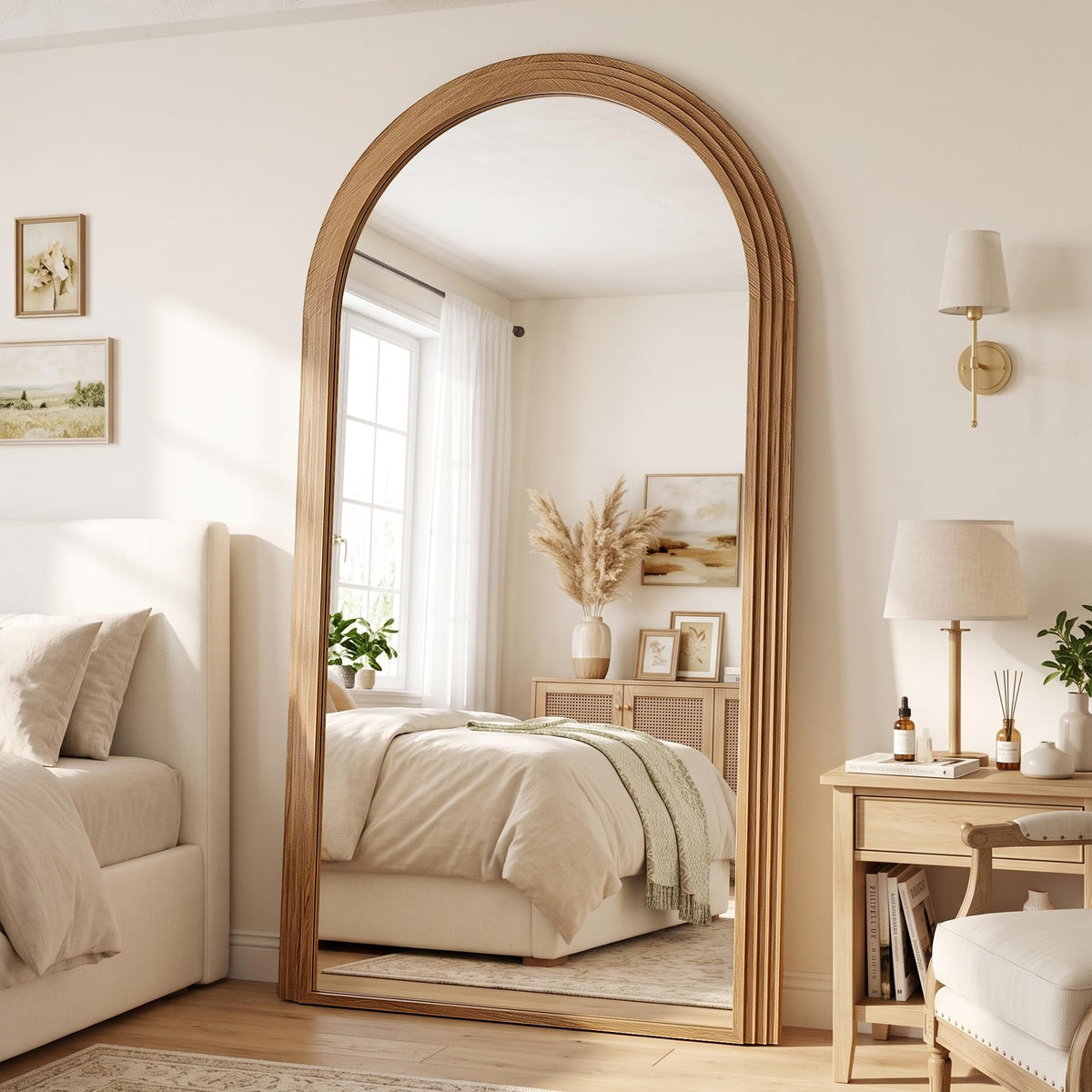 82"x44" Arched Full Length Mirror with Wide Wood Frame,Natural Wood