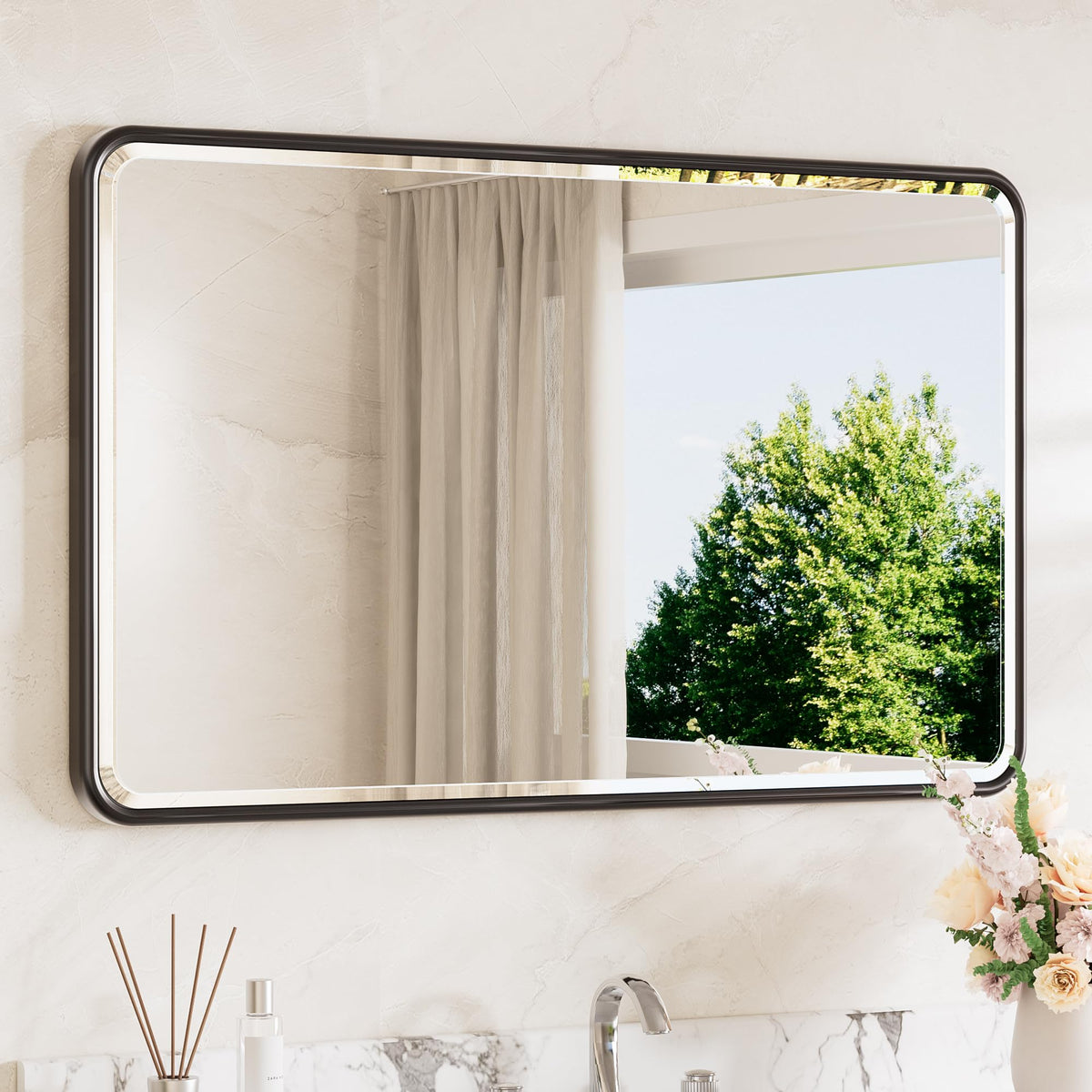 TETOTE Brushed Nickel Mirror 20 x 30 Beveled Edge Tempered Glass, Rounded Corner Rectangle Bathroom Mirror for Over Sink for Modern Bathroom, Living Room, Bedroom, Entryway