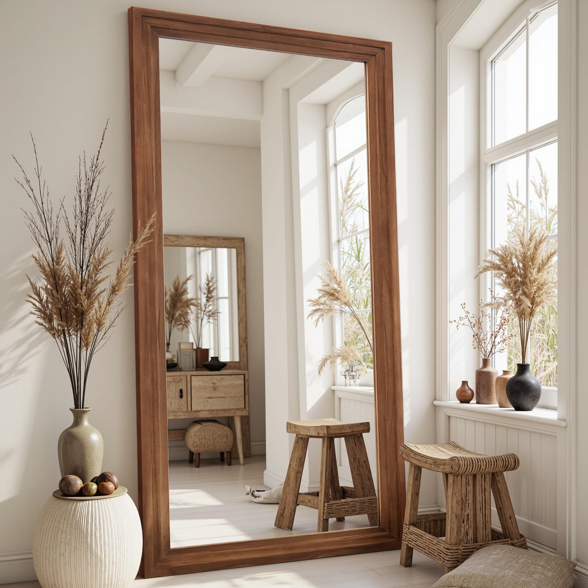 Full Length Mirror 71"x32", Rect Solid Wood Frame with Stand