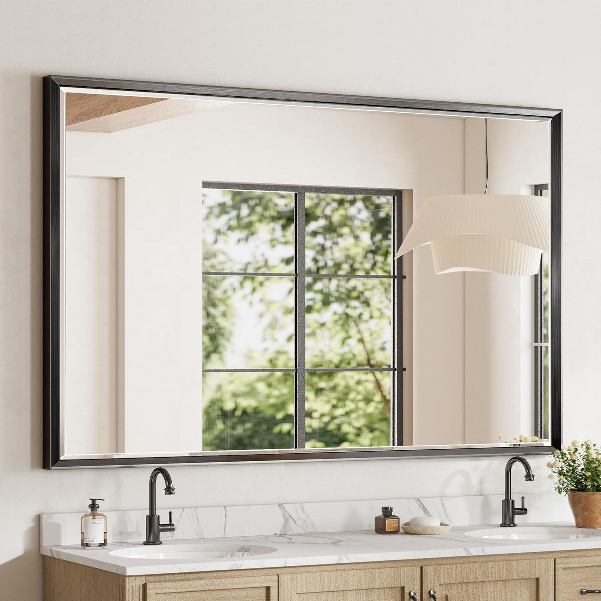 Brushed Nickel Bathroom Mirror, 24x32 Inch Beveled Framed Bathroom Mirror Anti-Rust, Brushed Nickel Metal Frame Bathroom Vanity Mirror for Wall, Vertical/Horizontal Wall-Mounted Mirrors