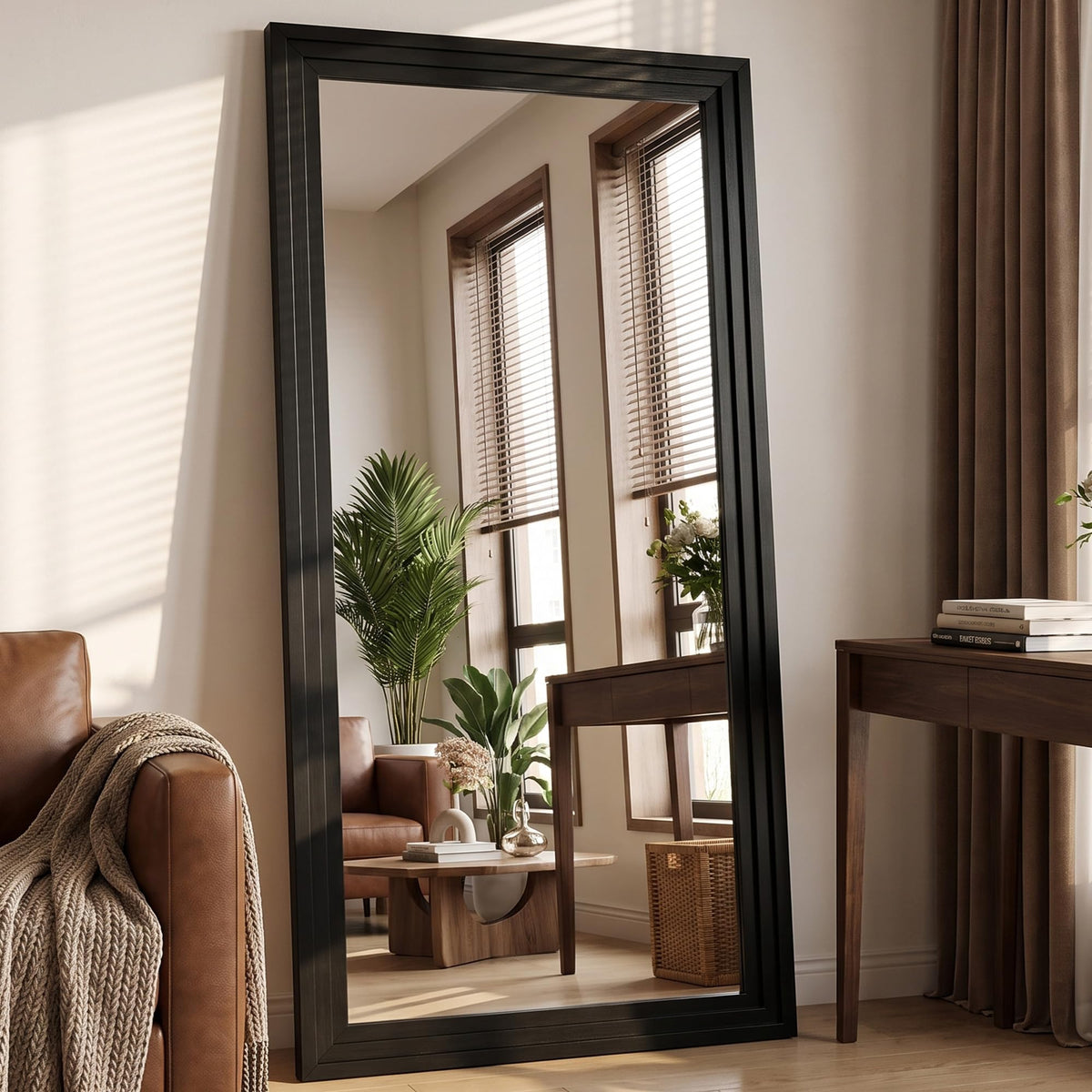 71"x32" Full Length Mirror, Large Wood Floor Mirror, Brown