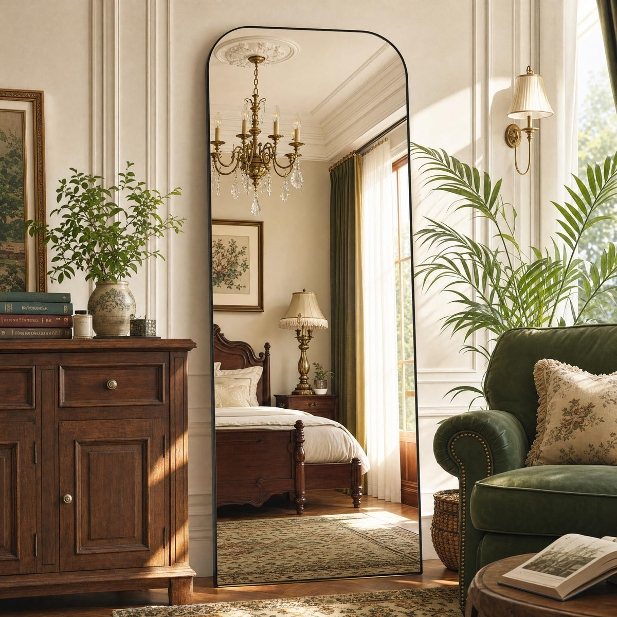 Arched Floor Standing Mirror 71"x26"Black with Top Round Corner
