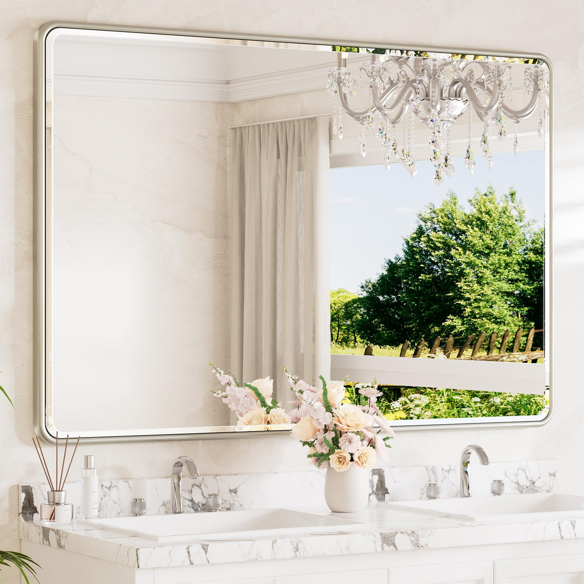 TETOTE Brushed Nickel Mirror 20 x 30 Beveled Edge Tempered Glass, Rounded Corner Rectangle Bathroom Mirror for Over Sink for Modern Bathroom, Living Room, Bedroom, Entryway