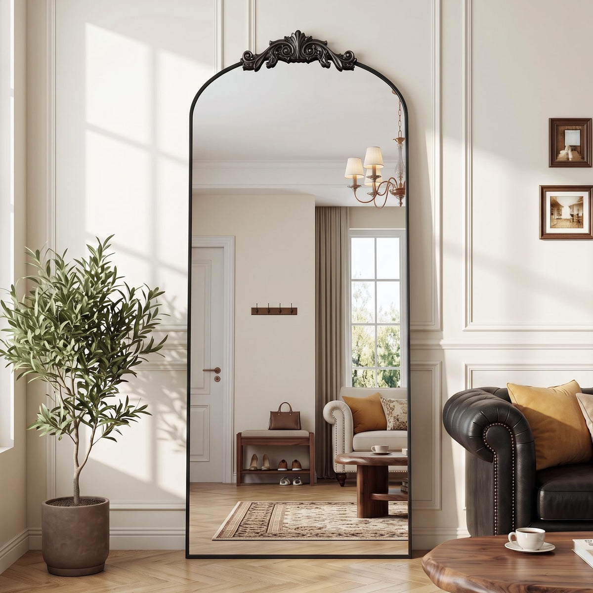 Antok Arched Full Length Mirror, 71"x28" Floor Mirror with Carved, Bronze