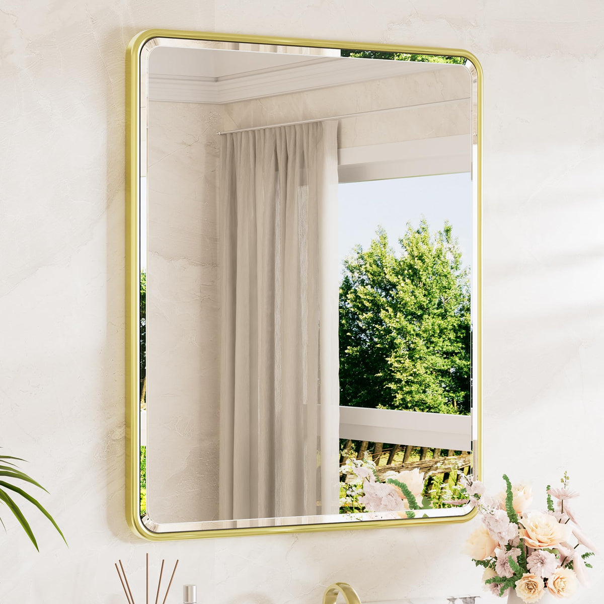 TETOTE Brushed Nickel Mirror 20 x 30 Beveled Edge Tempered Glass, Rounded Corner Rectangle Bathroom Mirror for Over Sink for Modern Bathroom, Living Room, Bedroom, Entryway