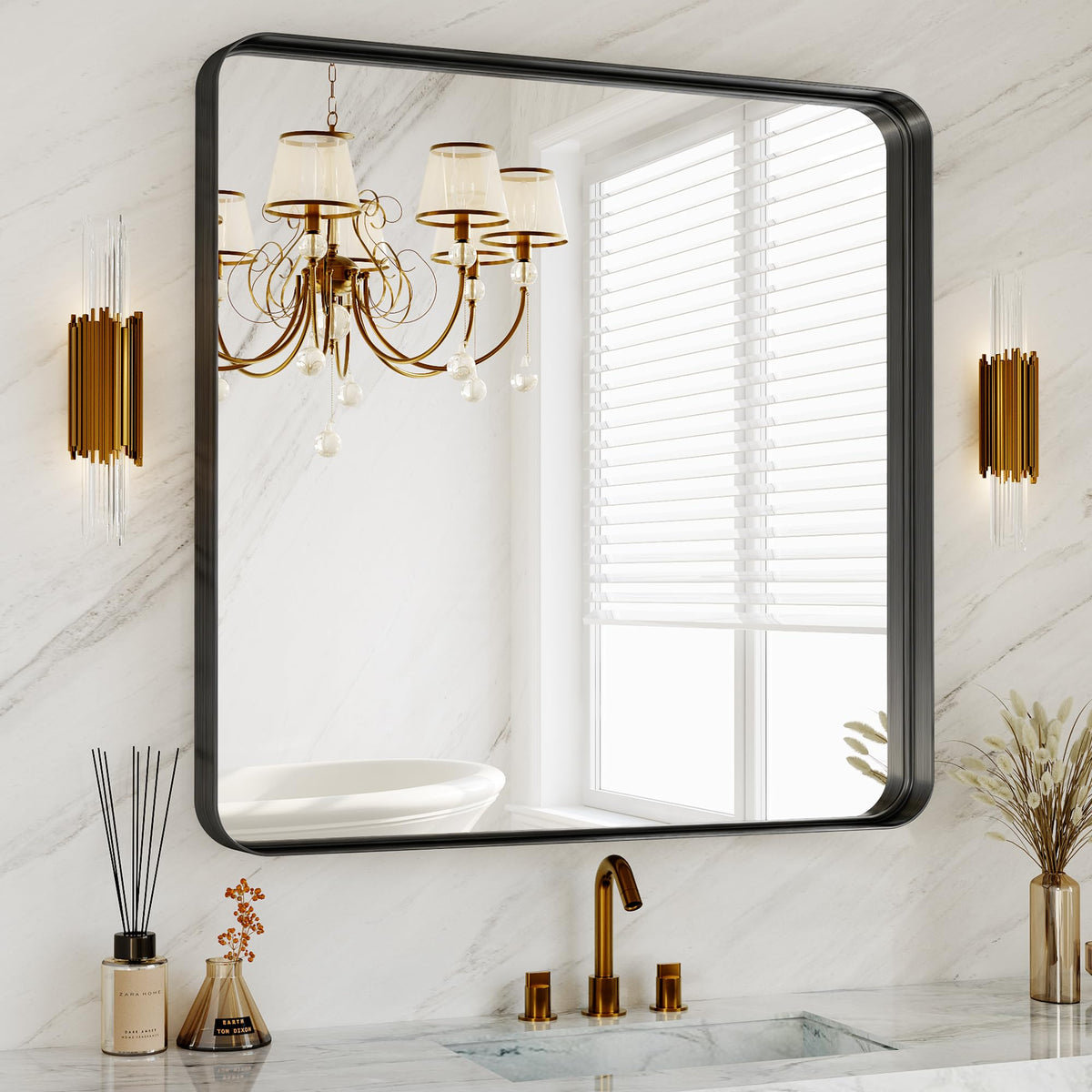 30x36 Inch Black Metal Framed Bathroom Mirror for Wall, HD Tempered Glass