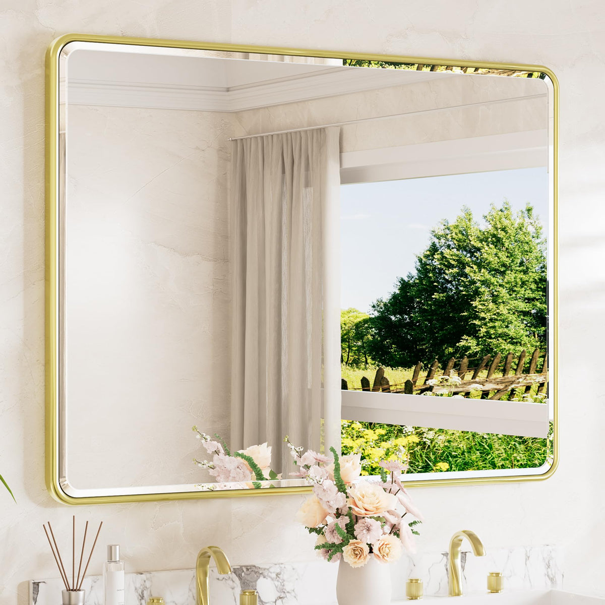 TETOTE Brushed Nickel Mirror 20 x 30 Beveled Edge Tempered Glass, Rounded Corner Rectangle Bathroom Mirror for Over Sink for Modern Bathroom, Living Room, Bedroom, Entryway