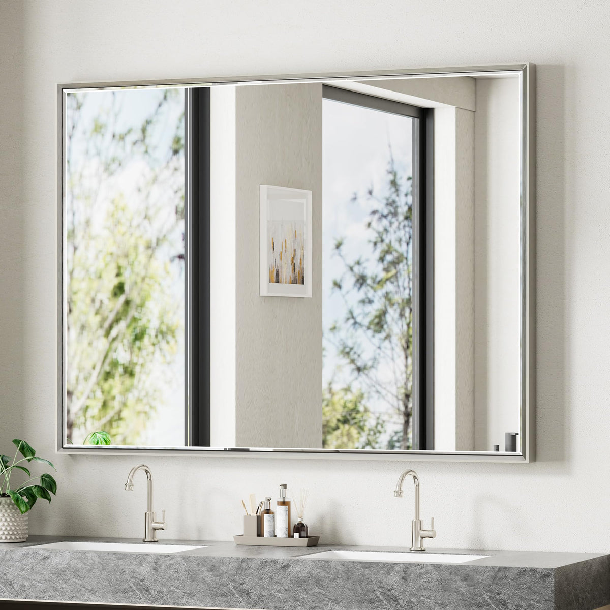 Brushed Nickel Bathroom Mirror, 24x32 Inch Beveled Framed Bathroom Mirror Anti-Rust, Brushed Nickel Metal Frame Bathroom Vanity Mirror for Wall, Vertical/Horizontal Wall-Mounted Mirrors