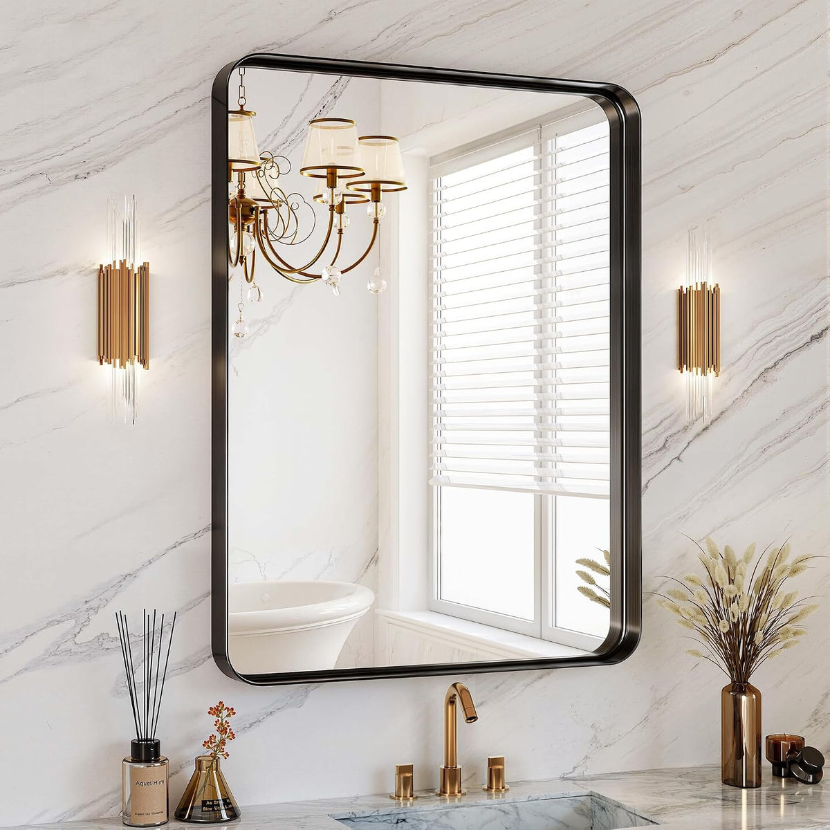 30x36 Inch Black Metal Framed Bathroom Mirror for Wall, HD Tempered Glass