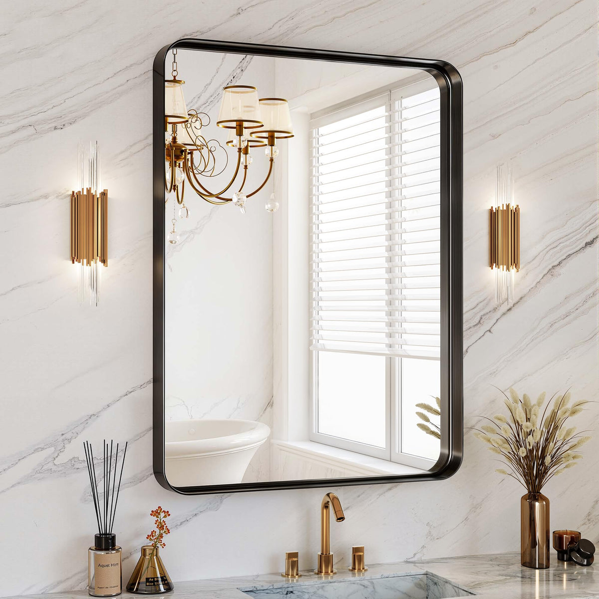 30x36 Inch Black Metal Framed Bathroom Mirror for Wall, HD Tempered Glass