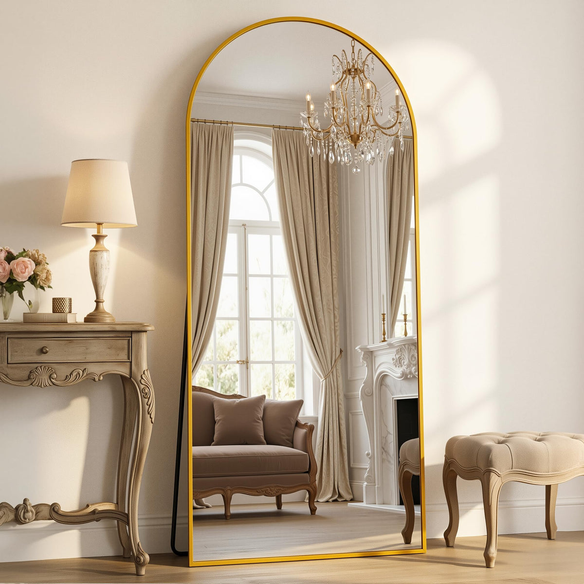 Antok 58" x 20" Arched Full Length Floor Mirror, Aluminum Frame, Black