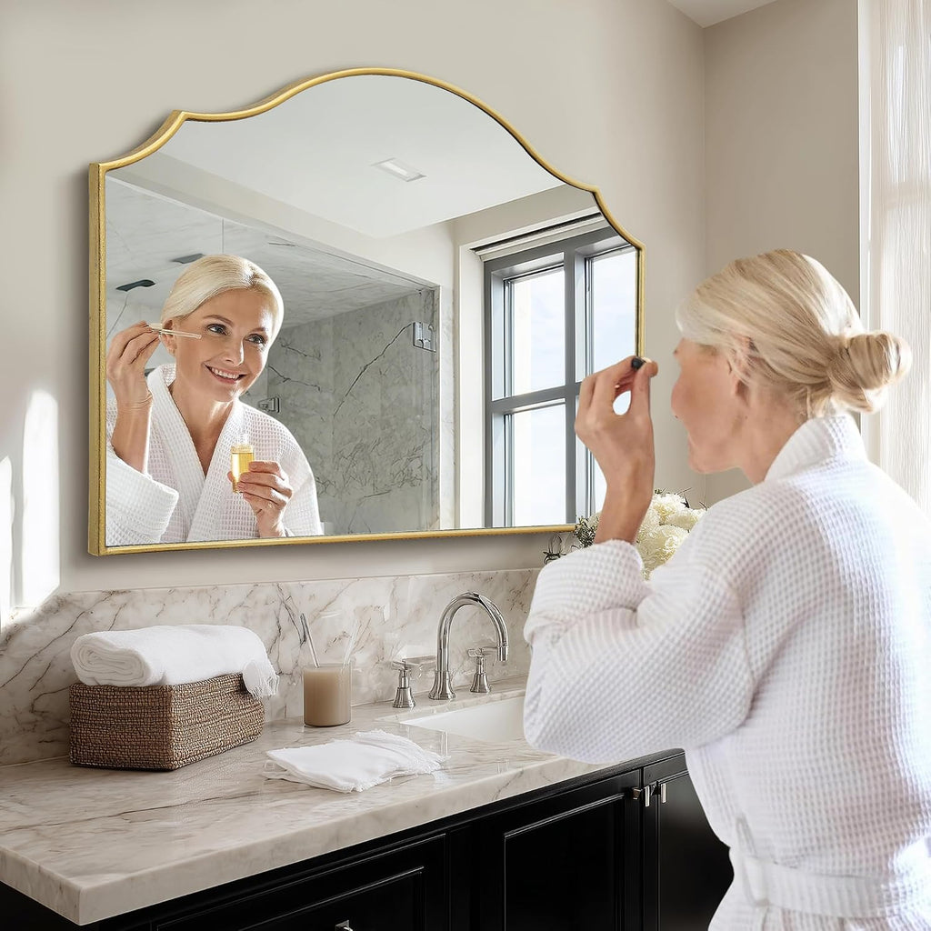 Besdomus Gold Scalloped Wall Mirror: 40"x29" Large Wooden Bathroom Mirror