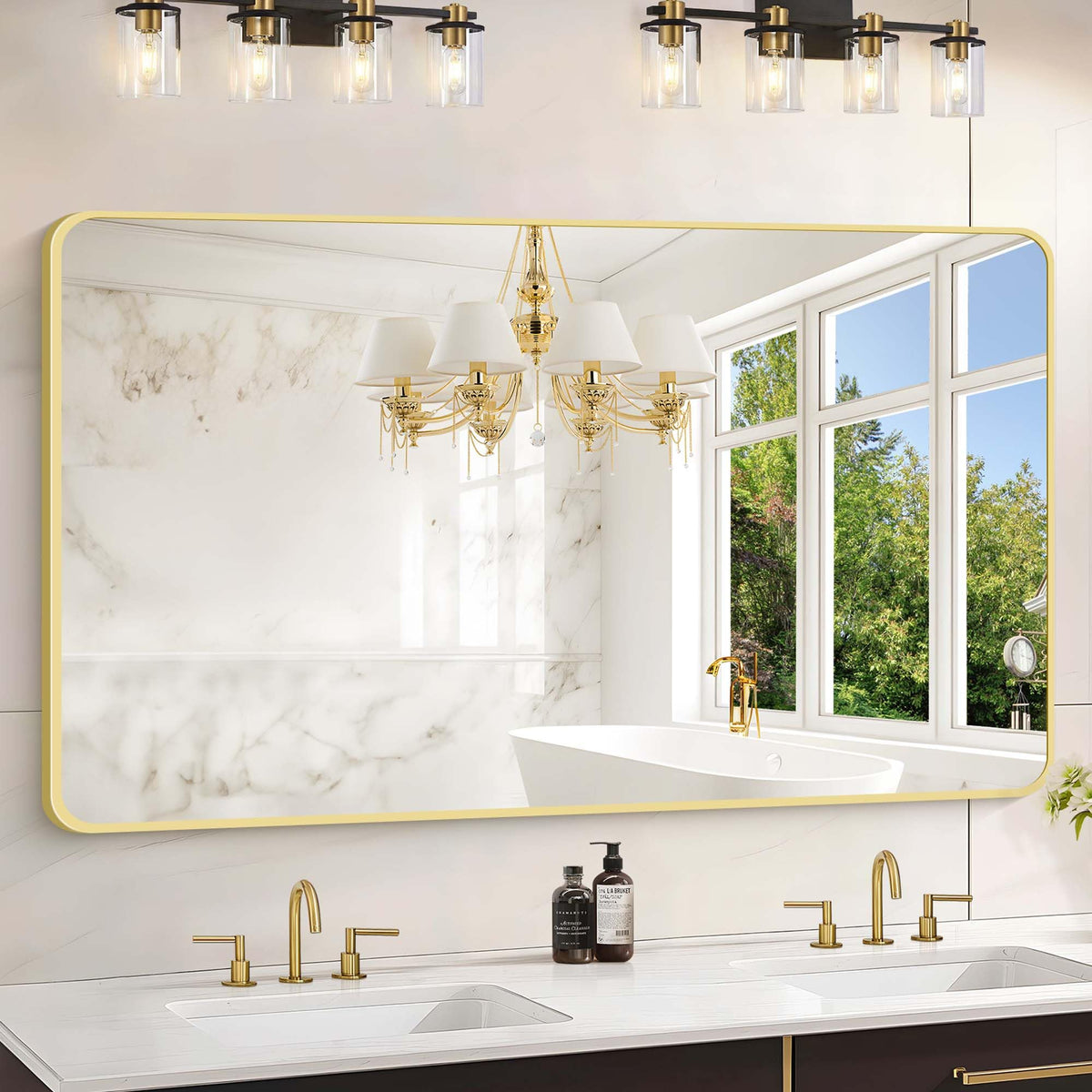 Black Bathroom Mirror, 28x42 inch Aluminum Metal Frame Rectangular Vanity Mirror, Wall Mounted Rectangle Mirrors with Rounded Corner for Bedroom Living Room Hangs Horizontal Or Vertical