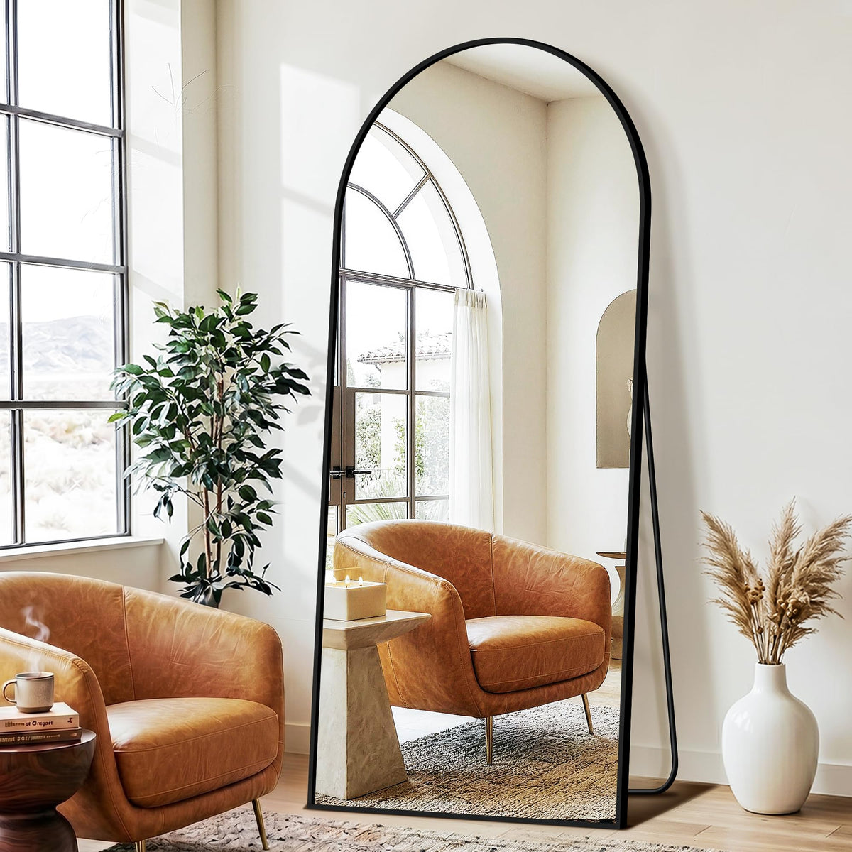 Arched Full Length Mirror with Stand, 56"x15" Full Body Floor Mirror, Black