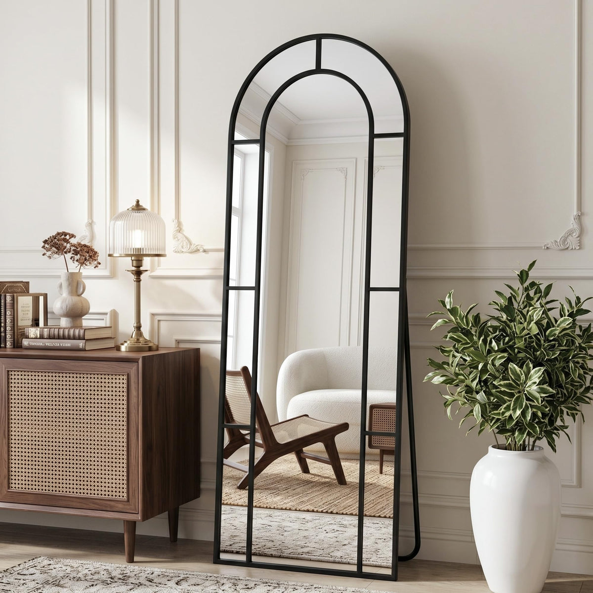 76" x 34" Arched Full Length Floor Mirror, Farmhouse Window Pane Mirror with Metal Frame, Decorative Leaning or Wall Mounted Mirror for Bedroom, Living Room, Entryway, Black