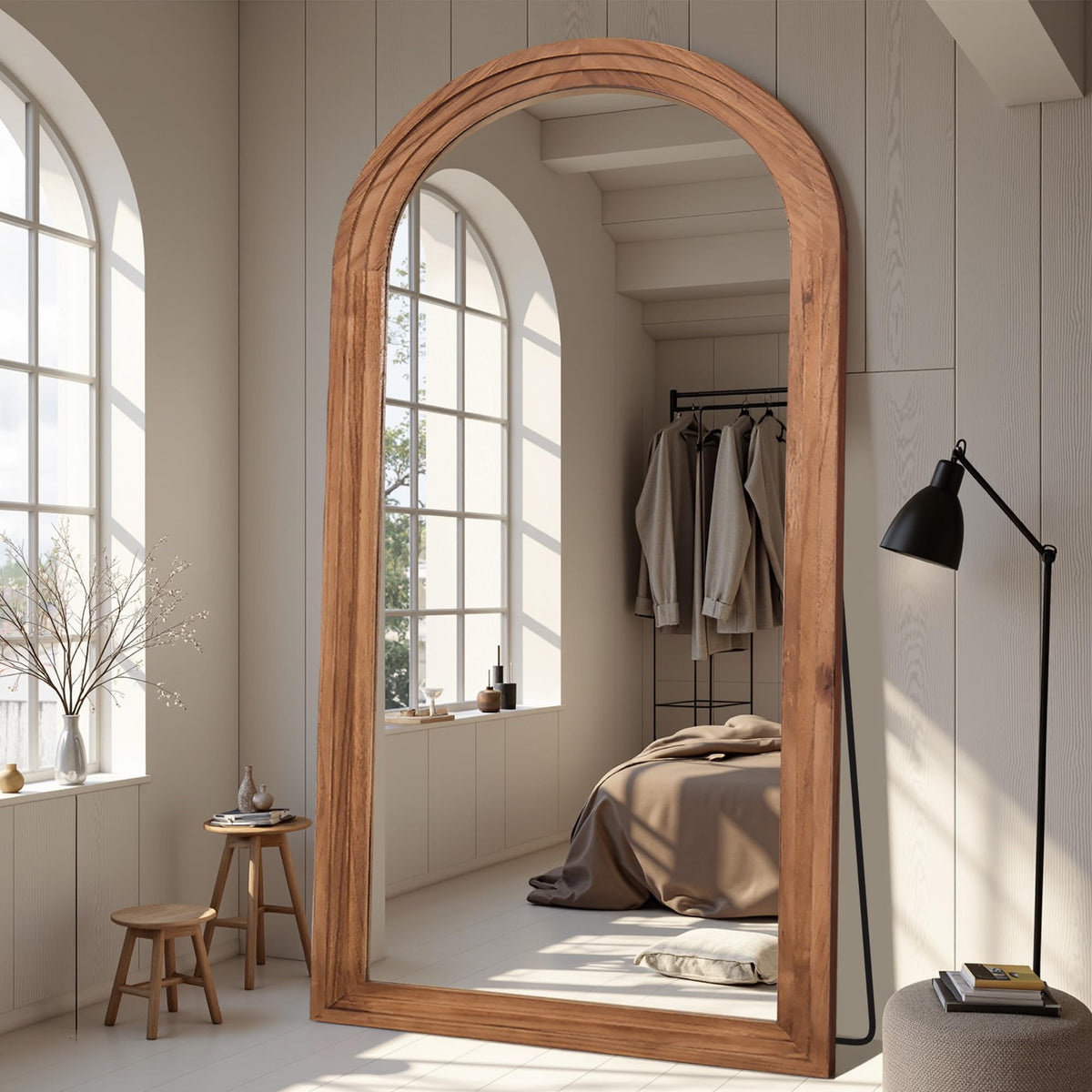 Full Length Mirror 71"x32", Arched Solid Wood Frame with Stand