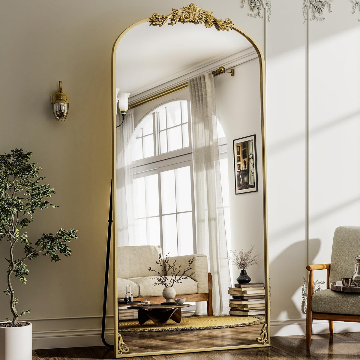 GLSLAND Arched Full Length Mirror,64"x21" Vintage Carved Floor Mirror Gold