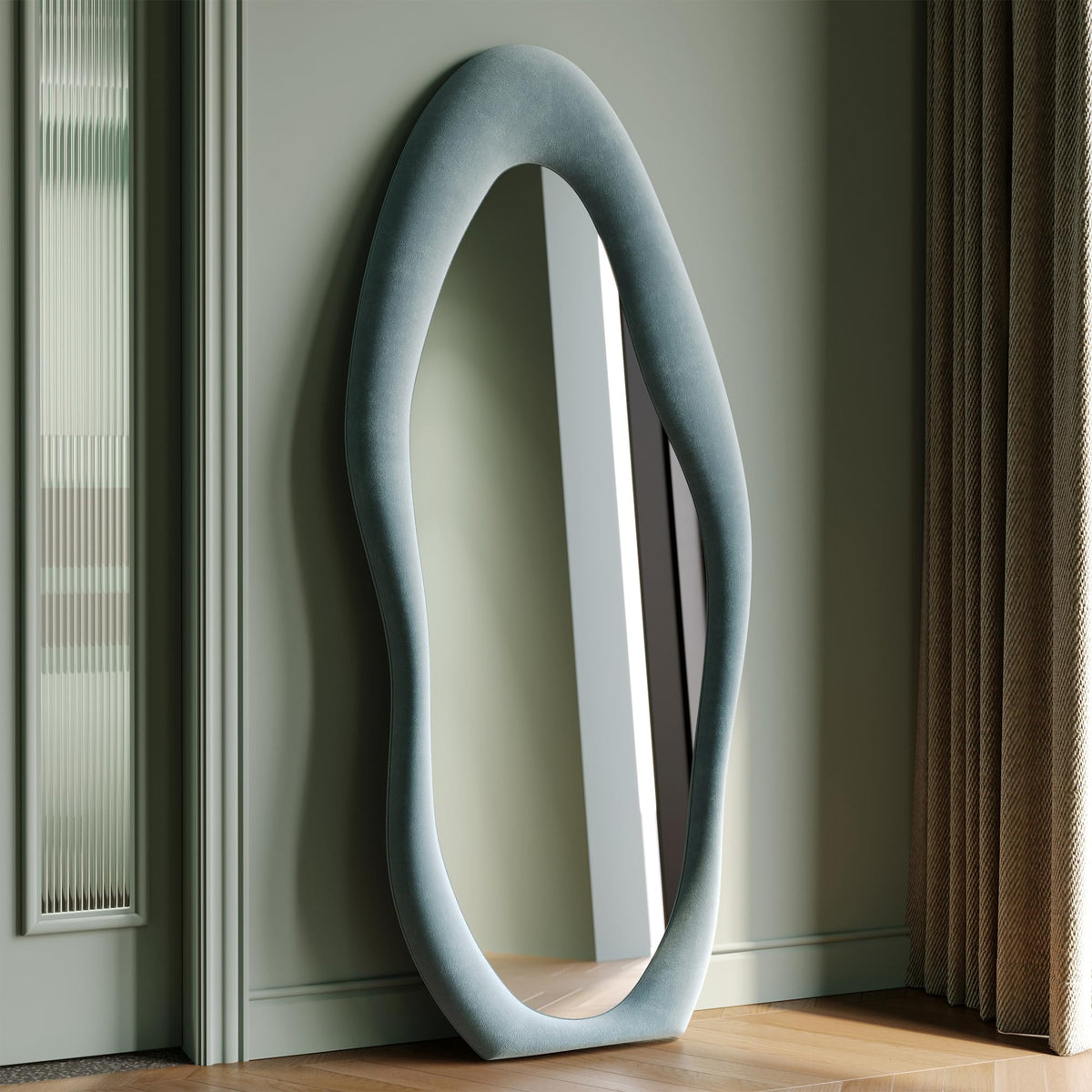 Honyee 55" x 24" Wavy Mirror, Flannel Wrapped Wooden Frame, Irregular Hanging for Cloakroom/Bedroom/Living Room, Green