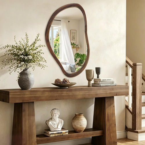35"x24" Irregular Wall Mirror, Dark Walnut Wood Bathroom Mirror