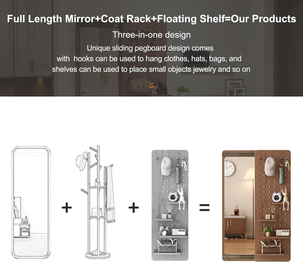 KungFuWood Full Length Mirror with Shelf and Hooks,Entry Way Mirrors for Wall,Wall Mirror with Shelf,Wall Mirror with Storage Multifunctional Design Panel,Living Room (Walnut, 52.4" L x 19" W)