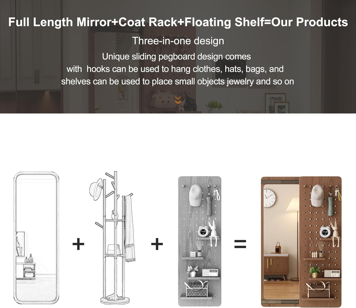 KungFuWood Full Length Mirror with Shelf and Hooks,Entry Way Mirrors for Wall,Wall Mirror with Shelf,Wall Mirror with Storage Multifunctional Design Panel,Living Room (Walnut, 52.4" L x 19" W)