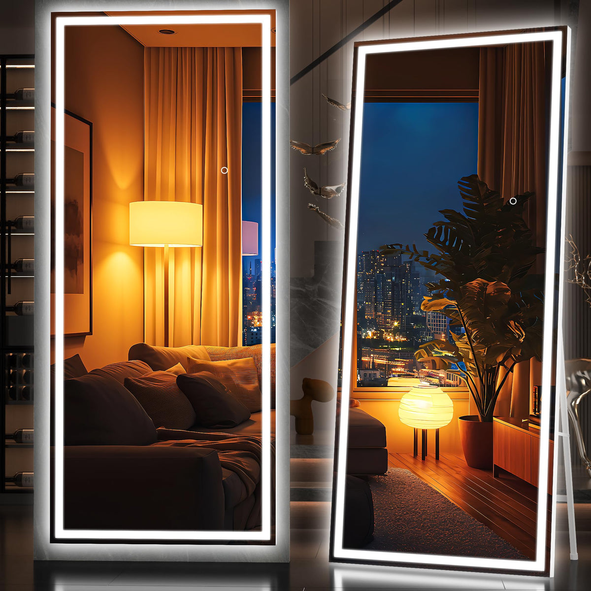 Hasipu Full Length Mirror with Lights, 67" x 20" LED Lighted Floor Standing, Full Body Dressing Hanging Mounted Mirror, Tempered Glass, Square White