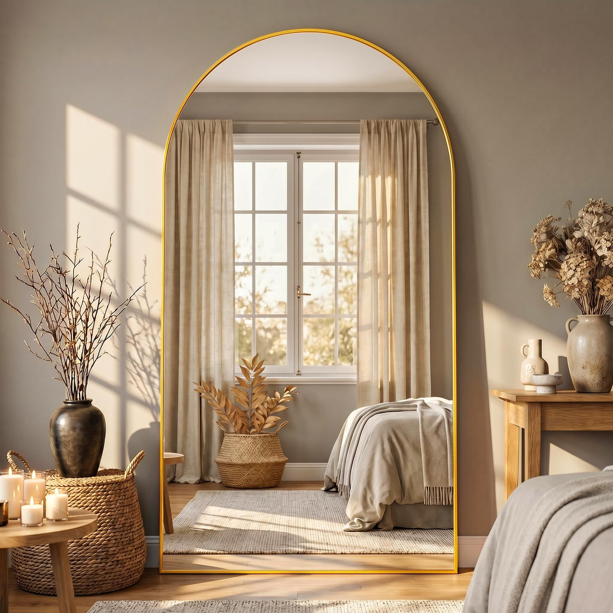 Full Length Mirror, 76"x34" Arched Floor Mirror, Gold