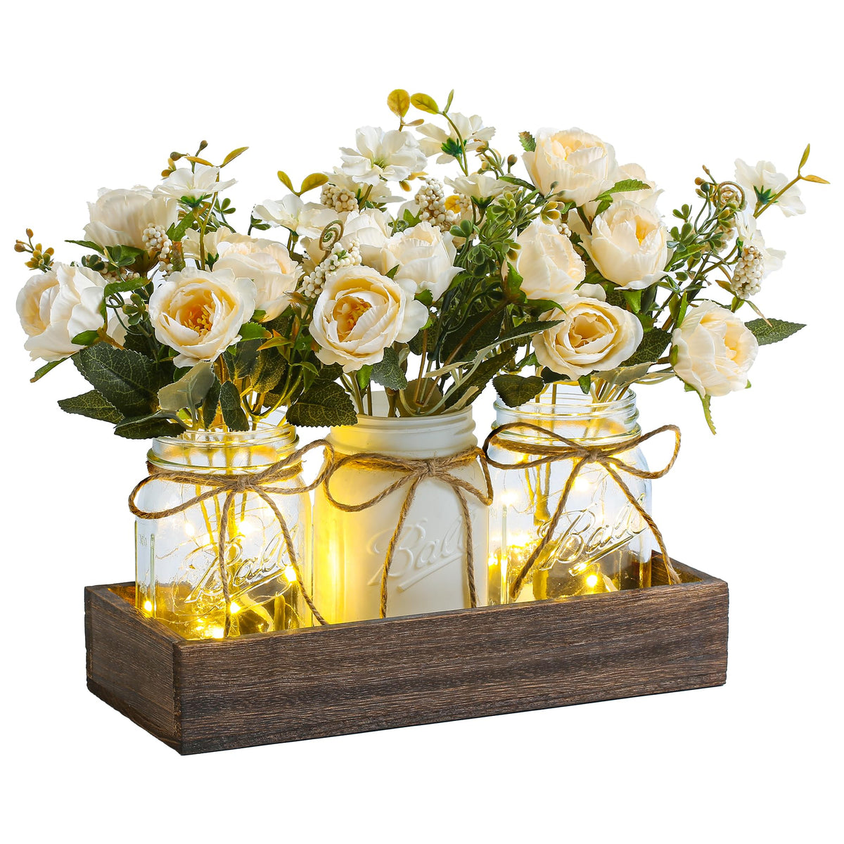 3 Pcs Mason Jar Centerpiece Table Decorations for Dining Table Decor Farmhouse Coffee Table Decor with Wood Tray and Led Light Table Centerpieces for Dining room Kitchen Living Bathroom,Orange