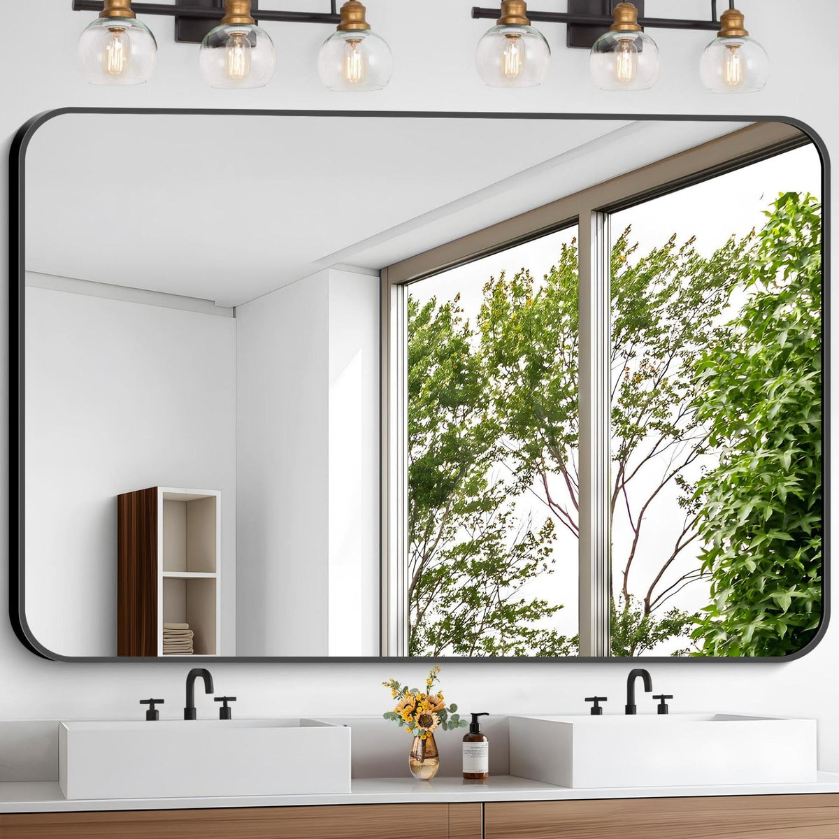 Black Bathroom Mirror, 28x42 inch Aluminum Metal Frame Rectangular Vanity Mirror, Wall Mounted Rectangle Mirrors with Rounded Corner for Bedroom Living Room Hangs Horizontal Or Vertical